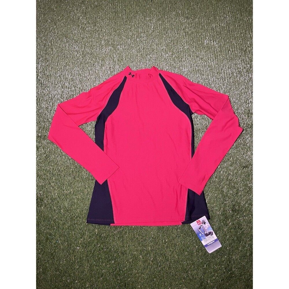Under Armour ColdGear Mock Neck T-Shirt Red Black Long Sleeve Athletic Womens L